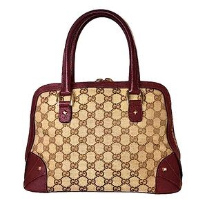 GUCCI GG Canvas Burgundy Leather Dome Top Handle Tote MINT COND. COA, Dust Bag